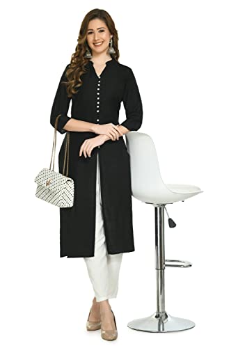 Lagi Women A-Line Solid Front Slit Poly Silk kurta Kurti. (Black, S)