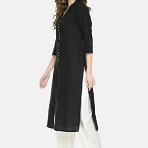 Lagi Women A-Line Solid Front Slit Poly Silk kurta Kurti. (Black, S)