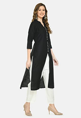 Lagi Women A-Line Solid Front Slit Poly Silk kurta Kurti. (Black, S)