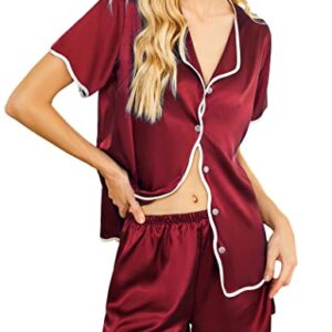 eshion Women's Short Sleeve Pjs Silk Pajama Top with Shorts Set Comfortable Summer Loungewear (Wine Red,XXL)