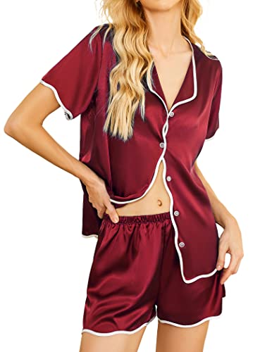 eshion Women's Short Sleeve Pjs Silk Pajama Top with Shorts Set Comfortable Summer Loungewear (Wine Red,XXL)