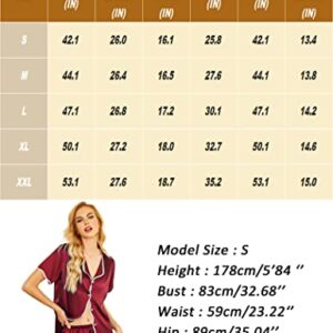 eshion Women's Short Sleeve Pjs Silk Pajama Top with Shorts Set Comfortable Summer Loungewear (Wine Red,XXL)