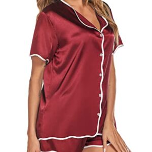 eshion Women's Short Sleeve Pjs Silk Pajama Top with Shorts Set Comfortable Summer Loungewear (Wine Red,XXL)