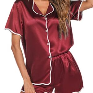 eshion Women's Short Sleeve Pjs Silk Pajama Top with Shorts Set Comfortable Summer Loungewear (Wine Red,XXL)