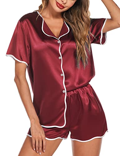 eshion Women's Short Sleeve Pjs Silk Pajama Top with Shorts Set Comfortable Summer Loungewear (Wine Red,XXL)