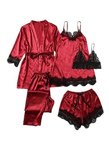 WDIRARA Women's 5 Pieces Satin Sleepwear Lace Trim Pajama Sets with Belted Robe Multicolored L