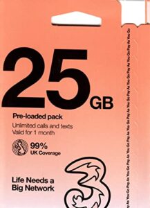three uk new prepaid europe uk three sim card 25gb data un minutes/texts for 30 days with free roaming/use in 71 destinations including europe, south america and
