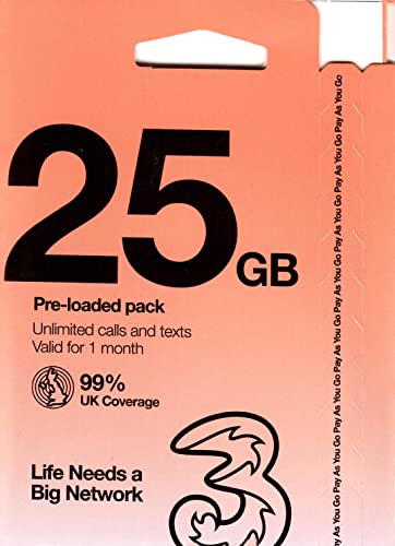 Three UK New PrePaid Europe UK Three SIM Card 25GB Data Un Minutes/Texts for 30 Days with Free Roaming/USE in 71 Destinations Including Europe, South America and