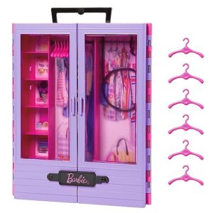 barbie fashionistas playset, ultimate closet with 6 hangers and multiple storage spaces, plus fold-out clothing rack