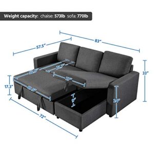 Yaheetech Sectional Sofa L-Shaped Bed w/Chaise, Reversible Couch Sleeper w/Pull Out Bed & Storage Space, 4-seat Fabric Convertible Sofa, Suitable for Living Room Dark Gray