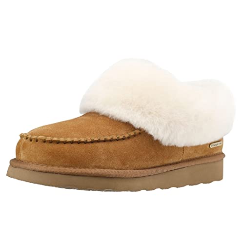 PAMIR Women's Genuine Suede Shearling Ankle Moccasin Bootie Slippers Memory Foam Indoor Outdoor Chestnut 10 M US