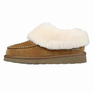 PAMIR Women's Genuine Suede Shearling Ankle Moccasin Bootie Slippers Memory Foam Indoor Outdoor Chestnut 10 M US