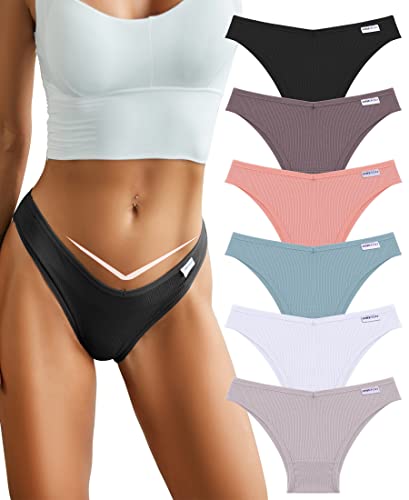 FINETOO 6 Pack Womens Cotton Underwear Sexy V-Waist Bikini Panties Ladies Brazilian Hipster Cheeky S-XL