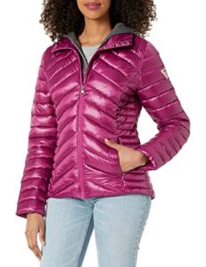 guess womens hooded packable puffer transitional jacket, magenta, small us