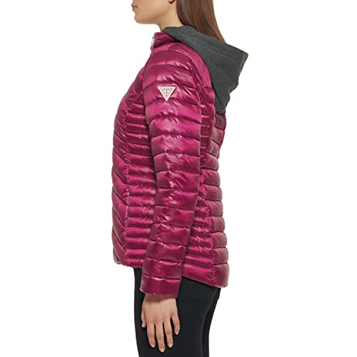 GUESS womens Hooded Packable Puffer Transitional Jacket, Magenta, Small US
