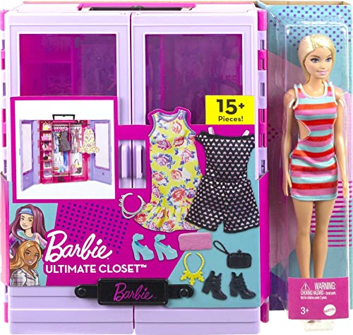 Barbie Fashionistas Doll & Playset, Ultimate Closet with Barbie Clothes (3 Outfits) & Fashion Accessories Including 6 Hangers