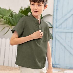 Inorin Boys Button Up Henley Shirt Short Sleeve Lightweight Summer Linen Cotton Dress Shirts Tees Tops with One Pocket Army Green