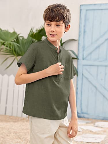 Inorin Boys Button Up Henley Shirt Short Sleeve Lightweight Summer Linen Cotton Dress Shirts Tees Tops with One Pocket Army Green