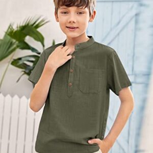 Inorin Boys Button Up Henley Shirt Short Sleeve Lightweight Summer Linen Cotton Dress Shirts Tees Tops with One Pocket Army Green