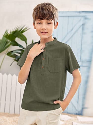 Inorin Boys Button Up Henley Shirt Short Sleeve Lightweight Summer Linen Cotton Dress Shirts Tees Tops with One Pocket Army Green