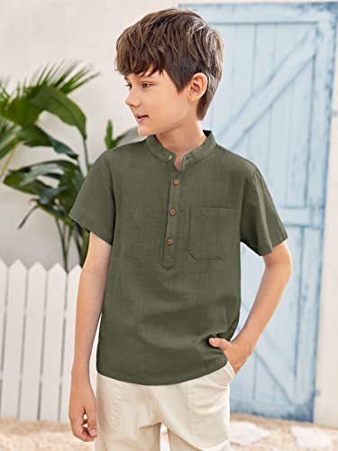 Inorin Boys Button Up Henley Shirt Short Sleeve Lightweight Summer Linen Cotton Dress Shirts Tees Tops with One Pocket Army Green