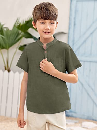 Inorin Boys Button Up Henley Shirt Short Sleeve Lightweight Summer Linen Cotton Dress Shirts Tees Tops with One Pocket Army Green