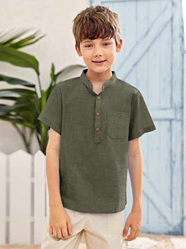 Inorin Boys Button Up Henley Shirt Short Sleeve Lightweight Summer Linen Cotton Dress Shirts Tees Tops with One Pocket Army Green