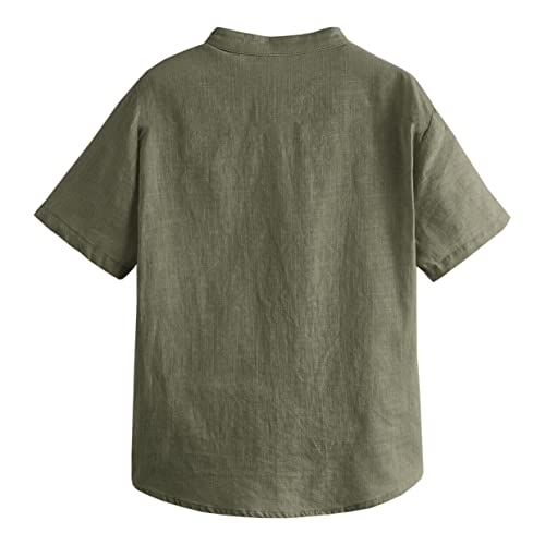 Inorin Boys Button Up Henley Shirt Short Sleeve Lightweight Summer Linen Cotton Dress Shirts Tees Tops with One Pocket Army Green