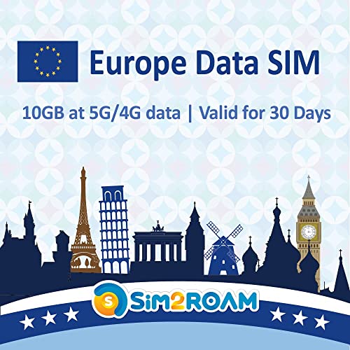 SIM2ROAM Europe Data SIM Card Prepaid 10GB 30 Days | 5G/4G/LTD High Speed Data - France, UK, Germany, Italy, Spain, Ireland, Sweden, Europe Roaming Free (10GB / 30Days)