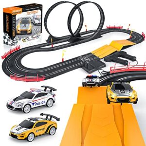 electric high-speed slot car race car track sets with 2 1:43 scale slot cars and 2 hand controllers with headlights and dual racing, toys gifts for 8 9 10 11 12 boys girls