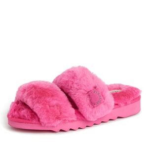 dearfoams women's fireside benalla all over shearling double band easy on/off slide slipper, paradise pink, 8