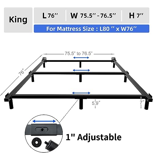 King Size Metal Bed Frame 7 Inch Support Bed Frame for Box Spring and Mattress Set 9-Leg Base Heavy Duty Bedframe Tool-Free Easy Assembly Black