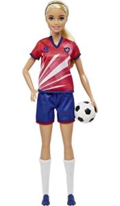 barbie soccer fashion doll with blonde ponytail, colorful #9 uniform, cleats & tall socks, soccer ball 11.5 inches