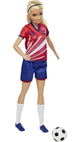 Barbie Soccer Fashion Doll with Blonde Ponytail, Colorful #9 Uniform, Cleats & Tall Socks, Soccer Ball 11.5 inches