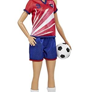 Barbie Soccer Fashion Doll with Blonde Ponytail, Colorful #9 Uniform, Cleats & Tall Socks, Soccer Ball 11.5 inches