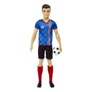 barbie soccer ken doll with cropped hair, colorful #10 uniform, soccer ball, cleats & tall socks, soccer ball 11.5 inches