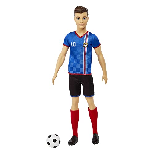 Barbie Soccer Ken Doll with Cropped Hair, Colorful #10 Uniform, Soccer Ball, Cleats & Tall Socks, Soccer Ball 11.5 inches