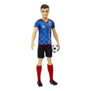 Barbie Soccer Ken Doll with Cropped Hair, Colorful #10 Uniform, Soccer Ball, Cleats & Tall Socks, Soccer Ball 11.5 inches