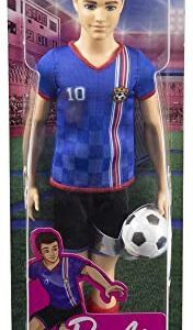 Barbie Soccer Ken Doll with Cropped Hair, Colorful #10 Uniform, Soccer Ball, Cleats & Tall Socks, Soccer Ball 11.5 inches