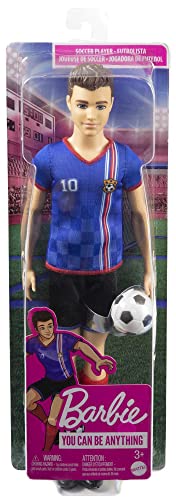 Barbie Soccer Ken Doll with Cropped Hair, Colorful #10 Uniform, Soccer Ball, Cleats & Tall Socks, Soccer Ball 11.5 inches