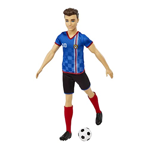 Barbie Soccer Ken Doll with Cropped Hair, Colorful #10 Uniform, Soccer Ball, Cleats & Tall Socks, Soccer Ball 11.5 inches