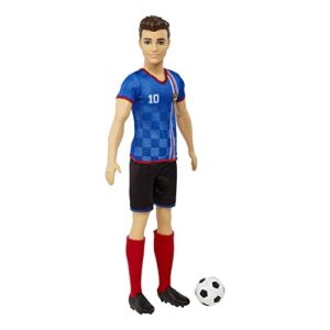 Barbie Soccer Ken Doll with Cropped Hair, Colorful #10 Uniform, Soccer Ball, Cleats & Tall Socks, Soccer Ball 11.5 inches