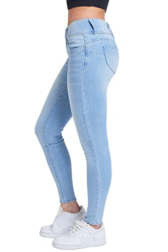 YMI Women’s Mid Rise Skinny Jeans, Wannabettabutt, Sustainably Made, Zip Fly, 3-Button, Fitted, Trendy, Butt-Lifting Stretchy Denim, Mid Waisted Jean, Full Length