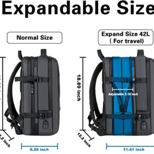 Travel Backpack, Extra Large Travel Backpack, Carry On Backpack, 40L Expandable Flight Approved Water Resistant Luggage Casual Daypack with USB Port Fits 17 Inch Laptop, Travel Gifts for Men, Black