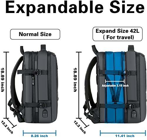 Travel Backpack, Extra Large Travel Backpack, Carry On Backpack, 40L Expandable Flight Approved Water Resistant Luggage Casual Daypack with USB Port Fits 17 Inch Laptop, Travel Gifts for Men, Black