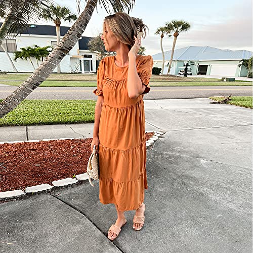 GAOVOT Women's Summer Casual Plain Simple Dresses Ruffle Puff Short Sleeve Loose Tunic Dress Flowy Tiered Midi Dress(Orange,XL)