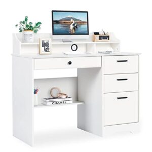 white desk with drawers and storage, home office desk computer desk with 4 drawers & hutch, home desk small white desk with drawers for bedroom, home office, white