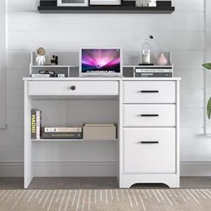 White Desk with Drawers and Storage, Home Office Desk Computer Desk with 4 Drawers & Hutch, Home Desk Small White Desk with Drawers for Bedroom, Home Office, White