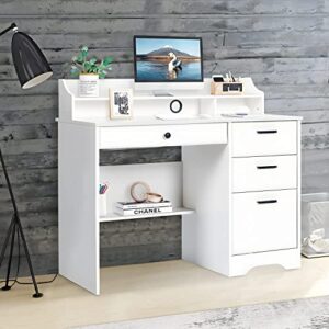 White Desk with Drawers and Storage, Home Office Desk Computer Desk with 4 Drawers & Hutch, Home Desk Small White Desk with Drawers for Bedroom, Home Office, White