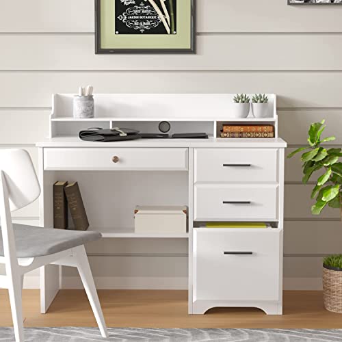 White Desk with Drawers and Storage, Home Office Desk Computer Desk with 4 Drawers & Hutch, Home Desk Small White Desk with Drawers for Bedroom, Home Office, White